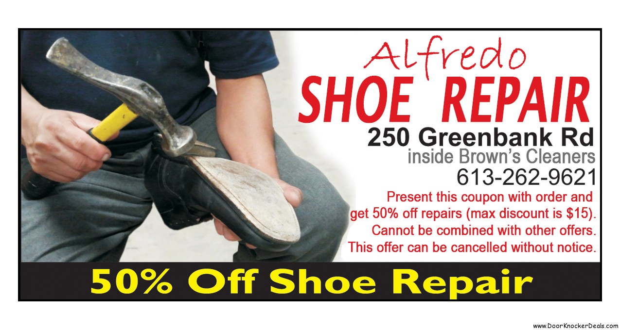Call Alfredo at 613-262-9621 for shoe repair - Call The Print Guy in Ottawa 613-799-4367 for doorknockerdeals.com, door knockers, door hangers, door hanger delivery, door hanger distribution, design, printing, distribution, door to door, full, colour, brochures, flyers, postcards, business cards, advertising in Ottawa, books, booklets, directory, sign, stationary, pocket folder, presentation folder, advertising, marketing, creative, full service, web site, website, development, web, hosting, complete, web solutions, Mike Raganold, WICMS Technologies, Ottawa, Barrhaven, Kanata, Stittsville, Nepean, Orleans